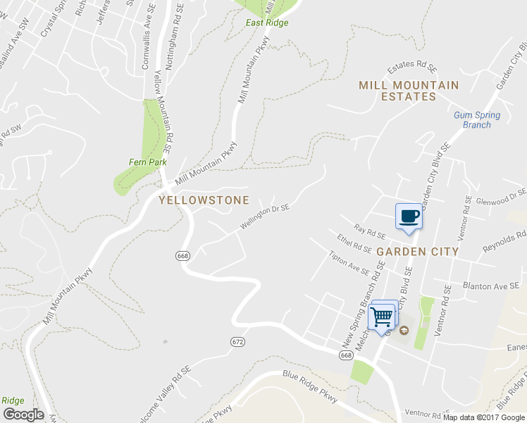map of restaurants, bars, coffee shops, grocery stores, and more near 3522 Wellington Drive Southeast in Roanoke