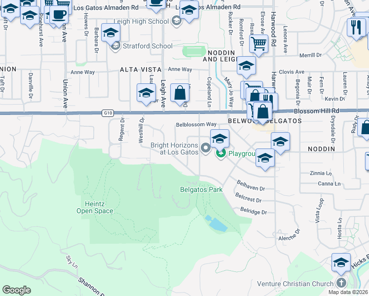 map of restaurants, bars, coffee shops, grocery stores, and more near 188 Westhill Drive in Los Gatos