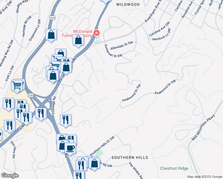 map of restaurants, bars, coffee shops, grocery stores, and more near 3459 Woodland Hills Lane Southwest in Roanoke