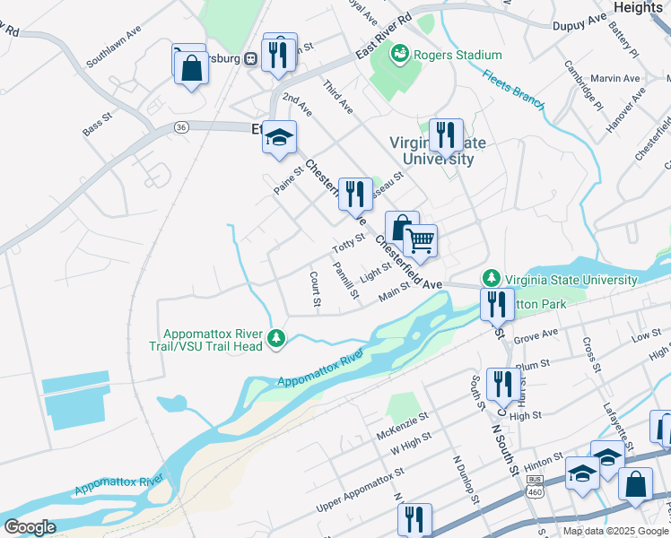 map of restaurants, bars, coffee shops, grocery stores, and more near 3409 Totty Street in Ettrick