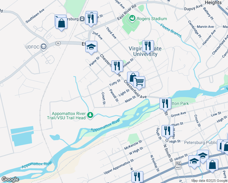 map of restaurants, bars, coffee shops, grocery stores, and more near 21509 Pannill Street in Ettrick