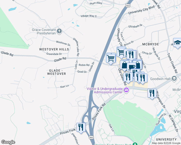 map of restaurants, bars, coffee shops, grocery stores, and more near 1694-1696 Oriole Dr in Blacksburg