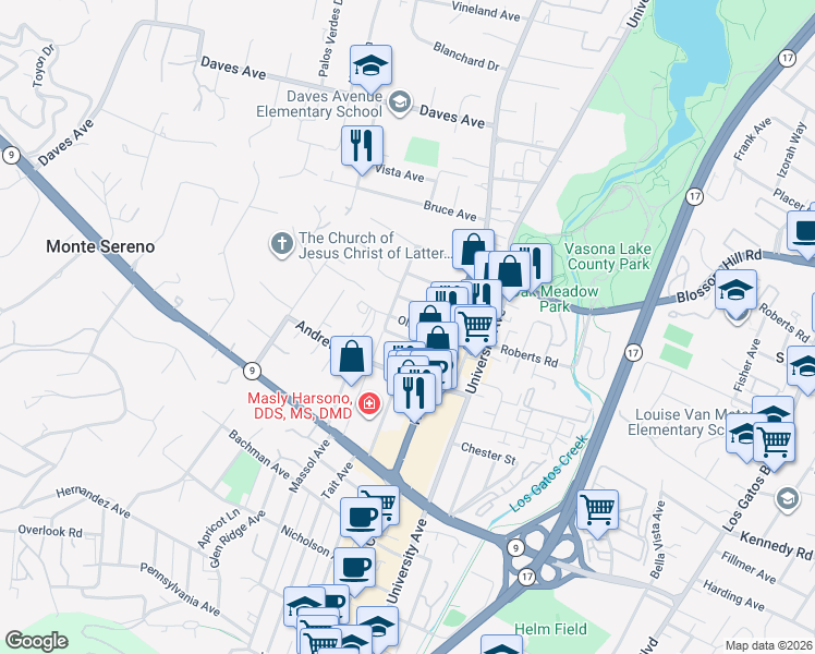 map of restaurants, bars, coffee shops, grocery stores, and more near 33 Ashler Avenue in Los Gatos