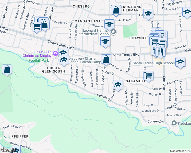 map of restaurants, bars, coffee shops, grocery stores, and more near 6179 Ocho Rios Drive in San Jose