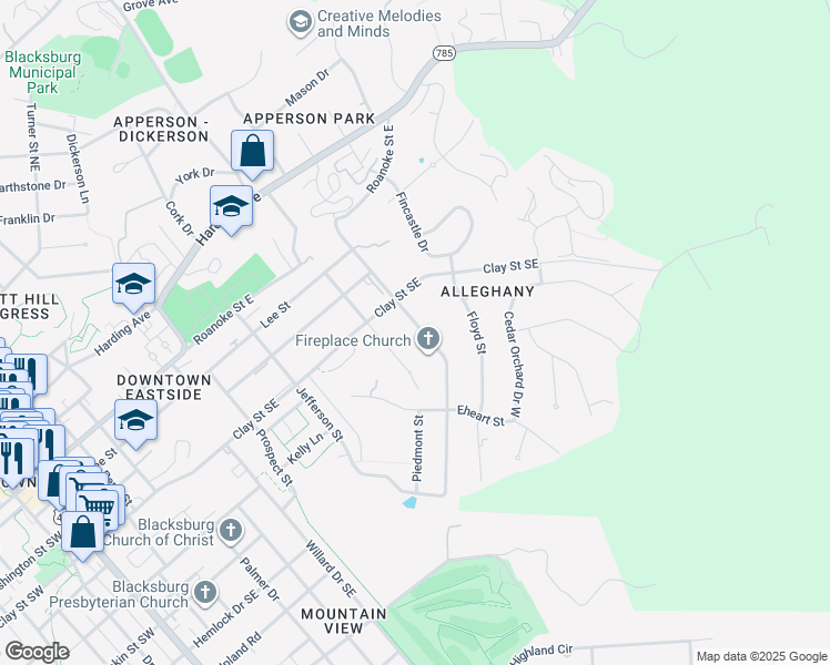 map of restaurants, bars, coffee shops, grocery stores, and more near 400 Alleghany Street in Blacksburg