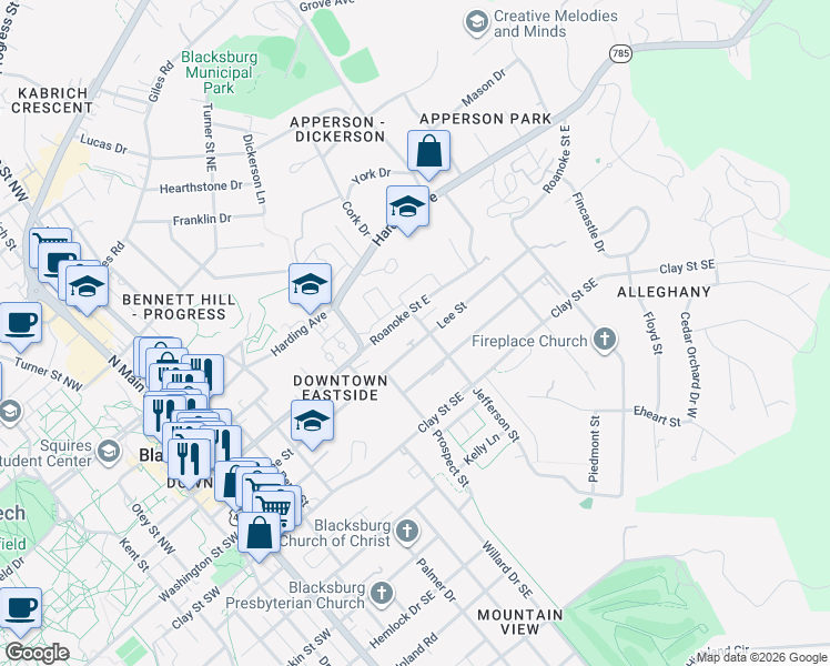 map of restaurants, bars, coffee shops, grocery stores, and more near 700-712 Roanoke St E in Blacksburg