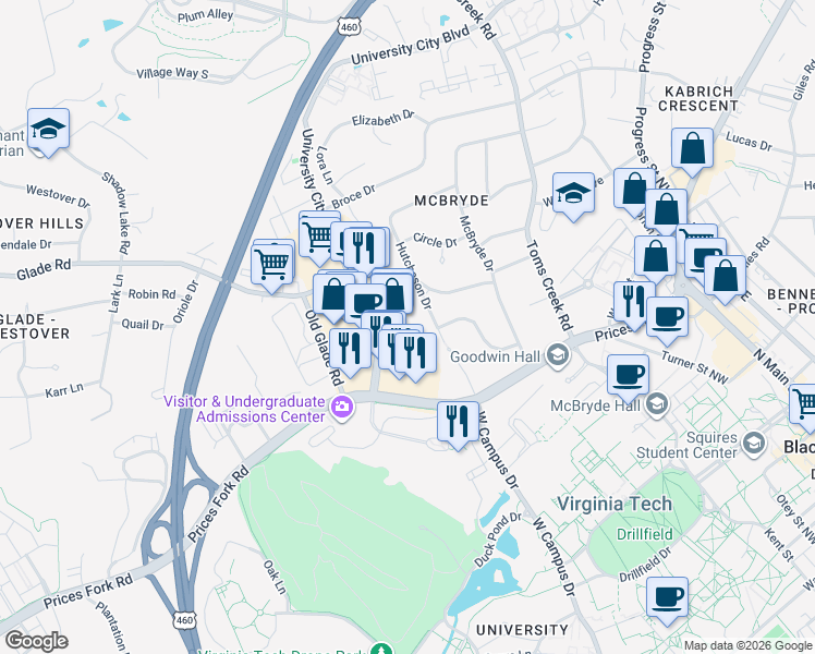 map of restaurants, bars, coffee shops, grocery stores, and more near 709 Hutcheson Drive in Blacksburg