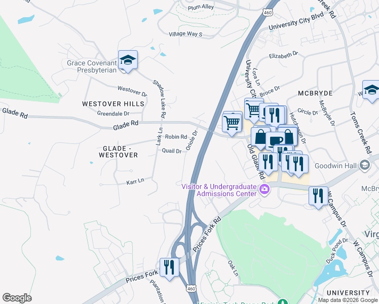 map of restaurants, bars, coffee shops, grocery stores, and more near 1694-1696 Oriole Dr in Blacksburg