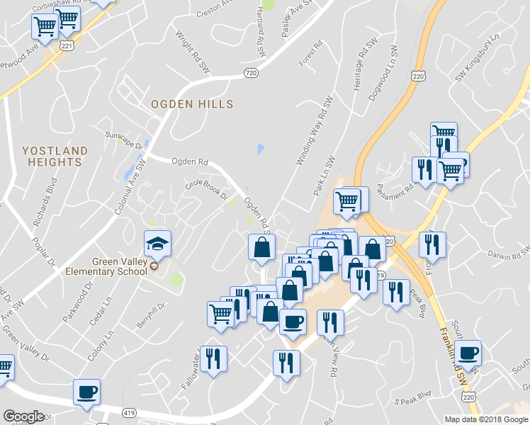 map of restaurants, bars, coffee shops, grocery stores, and more near 4031 Winding Way Road Southwest in Roanoke