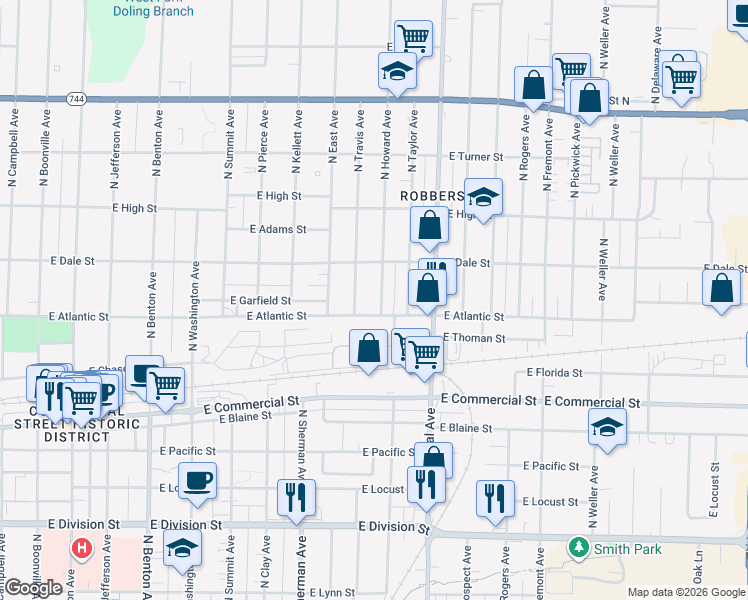map of restaurants, bars, coffee shops, grocery stores, and more near 2041 North Howard Avenue in Springfield
