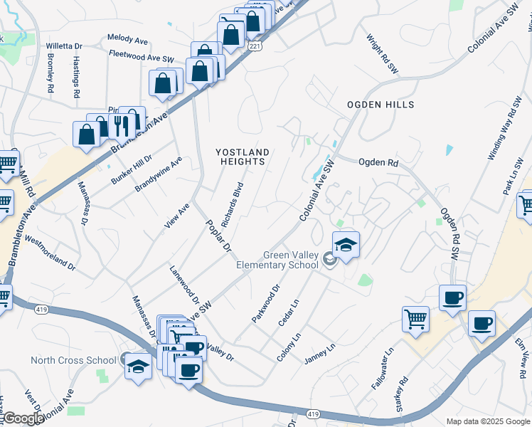 map of restaurants, bars, coffee shops, grocery stores, and more near 3513 Georgetown Road in Cave Spring