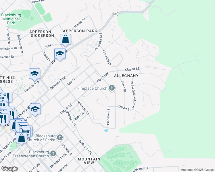 map of restaurants, bars, coffee shops, grocery stores, and more near 400 Alleghany Street in Blacksburg