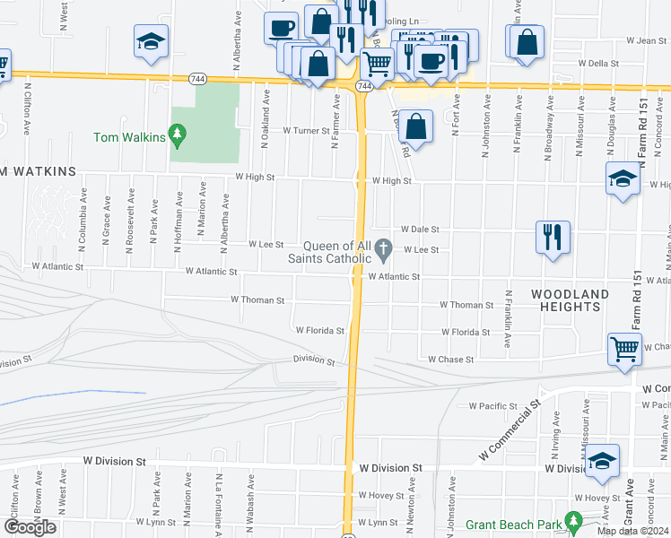 map of restaurants, bars, coffee shops, grocery stores, and more near 1621 West Atlantic Street in Springfield