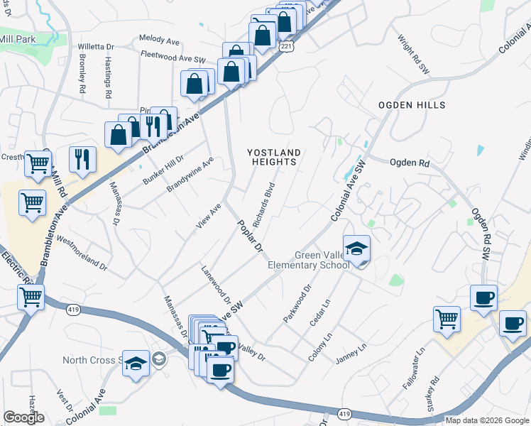map of restaurants, bars, coffee shops, grocery stores, and more near 3474 Richards Boulevard in Cave Spring