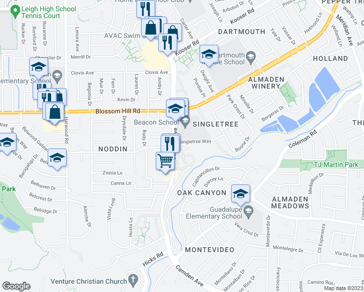 map of restaurants, bars, coffee shops, grocery stores, and more near 1597 Camden Oaks Court in San Jose
