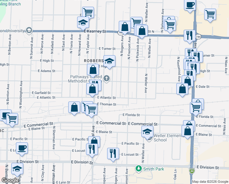 map of restaurants, bars, coffee shops, grocery stores, and more near 2041 North Prospect Avenue in Springfield