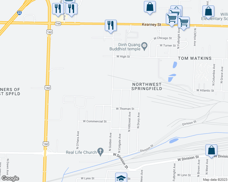 map of restaurants, bars, coffee shops, grocery stores, and more near 1952 North Golden Avenue in Springfield