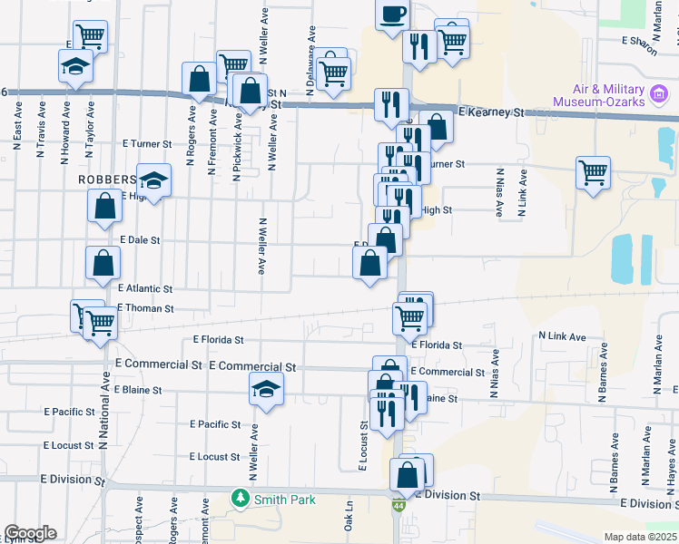 map of restaurants, bars, coffee shops, grocery stores, and more near 2024 North Ave B in Springfield