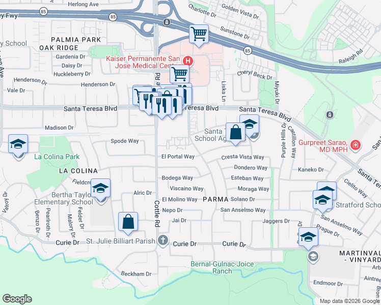 map of restaurants, bars, coffee shops, grocery stores, and more near 6155 Camino Verde Drive in San Jose