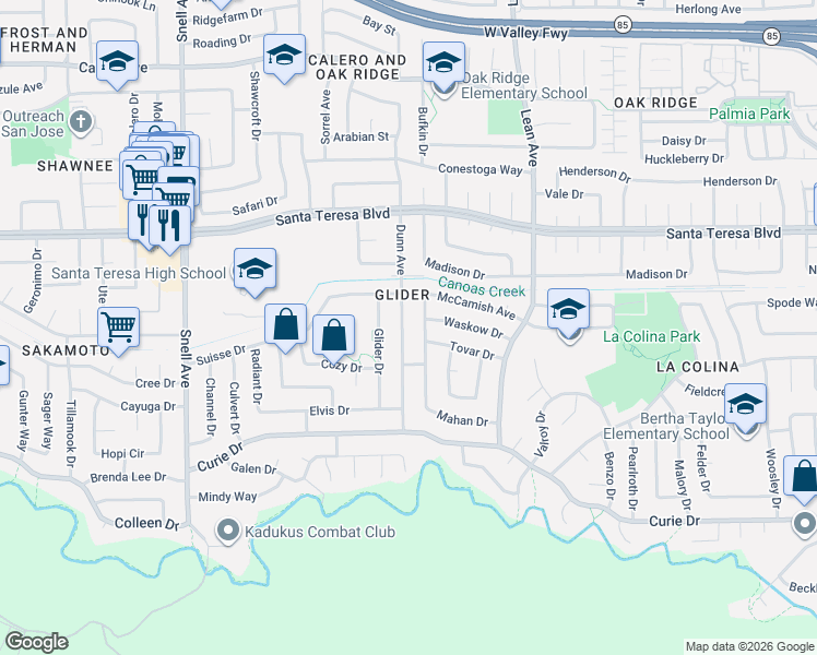 map of restaurants, bars, coffee shops, grocery stores, and more near 6163 Dunn Avenue in San Jose
