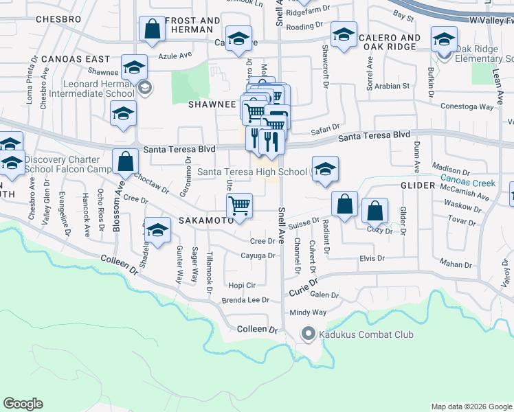 map of restaurants, bars, coffee shops, grocery stores, and more near 6150 Oneida Drive in San Jose