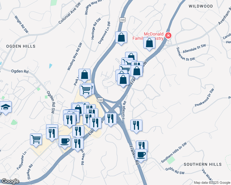 map of restaurants, bars, coffee shops, grocery stores, and more near 3730 Parliament Road Southwest in Roanoke