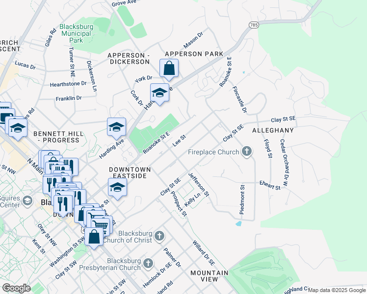 map of restaurants, bars, coffee shops, grocery stores, and more near 712 Lee Street in Blacksburg