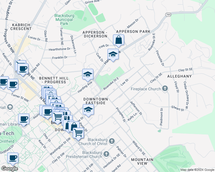 map of restaurants, bars, coffee shops, grocery stores, and more near 601-699 Roanoke Street East in Blacksburg
