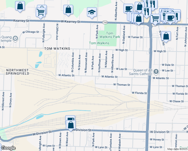 map of restaurants, bars, coffee shops, grocery stores, and more near 2018 North Park Avenue in Springfield
