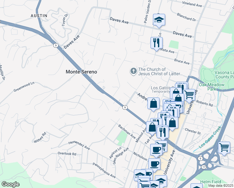map of restaurants, bars, coffee shops, grocery stores, and more near 16120 Viewfield Road in Monte Sereno