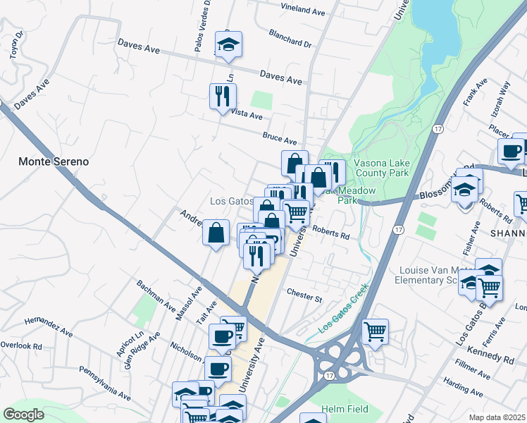 map of restaurants, bars, coffee shops, grocery stores, and more near 108 Olive Street in Los Gatos
