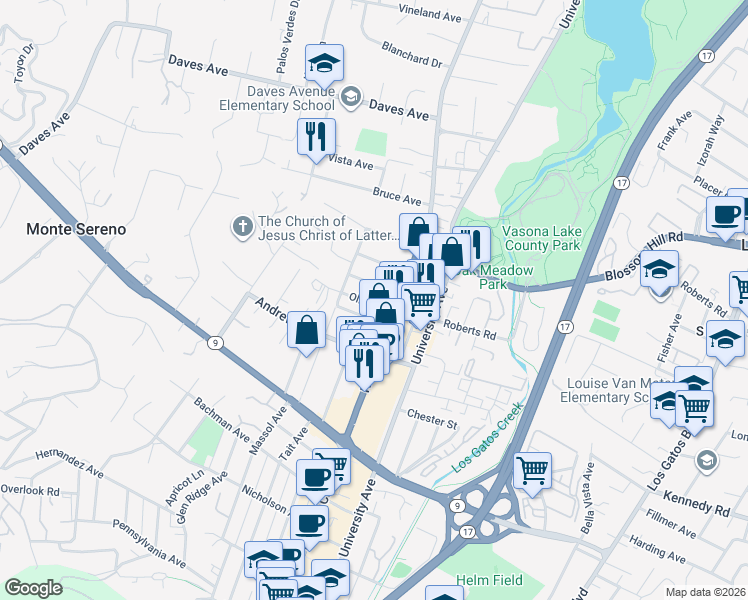map of restaurants, bars, coffee shops, grocery stores, and more near 108 Olive Street in Los Gatos