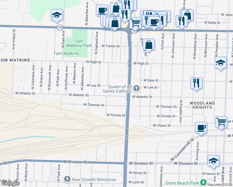 map of restaurants, bars, coffee shops, grocery stores, and more near 1718 West Lee Street in Springfield