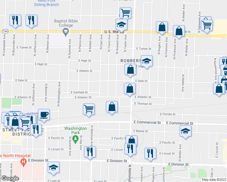 map of restaurants, bars, coffee shops, grocery stores, and more near 2041 North Howard Avenue in Springfield