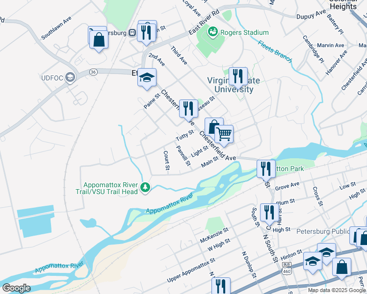 map of restaurants, bars, coffee shops, grocery stores, and more near 21507 Pannill Street in Ettrick