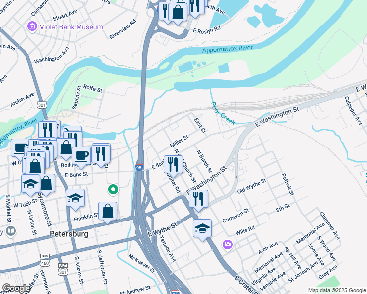 map of restaurants, bars, coffee shops, grocery stores, and more near 817 East Bank Street in Petersburg