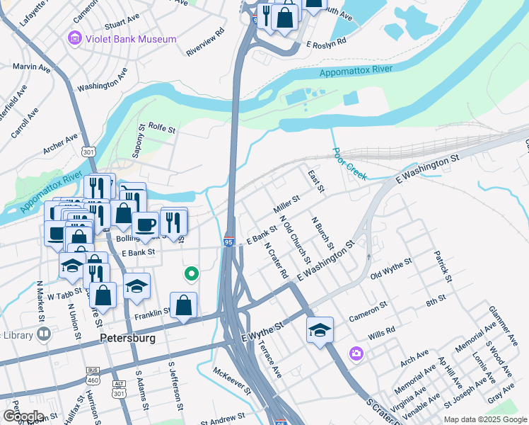 map of restaurants, bars, coffee shops, grocery stores, and more near 721 Miller Street in Petersburg