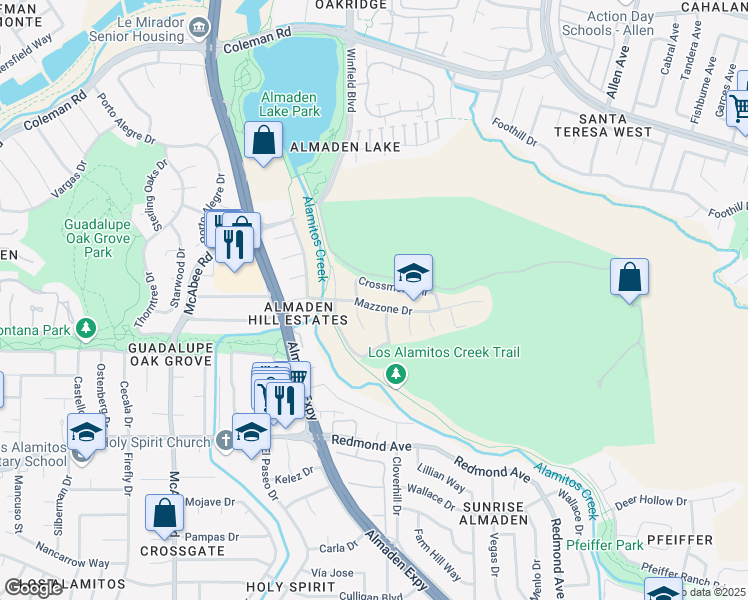 map of restaurants, bars, coffee shops, grocery stores, and more near 1069 Mazzone Drive in San Jose