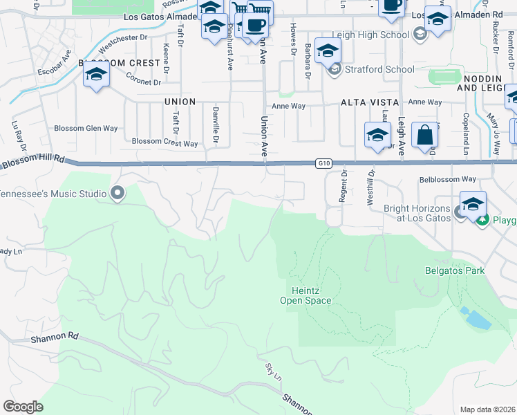 map of restaurants, bars, coffee shops, grocery stores, and more near 15010 Larga Vista Drive in Los Gatos