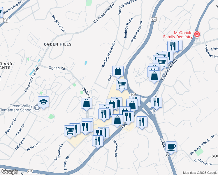 map of restaurants, bars, coffee shops, grocery stores, and more near 3972 Park Lane Southwest in Roanoke