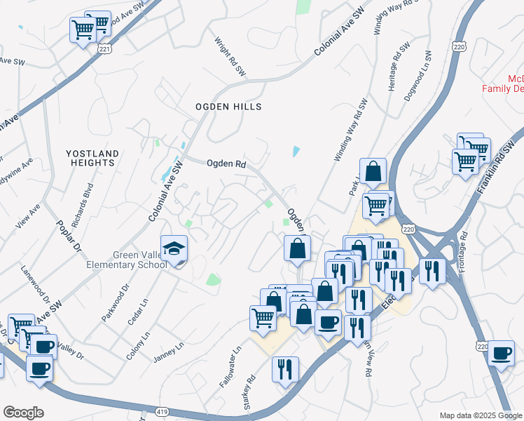 map of restaurants, bars, coffee shops, grocery stores, and more near 3303 Circle Brook Drive in Cave Spring