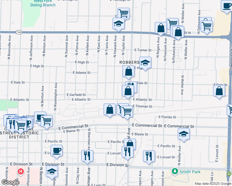 map of restaurants, bars, coffee shops, grocery stores, and more near 2041 North Howard Avenue in Springfield