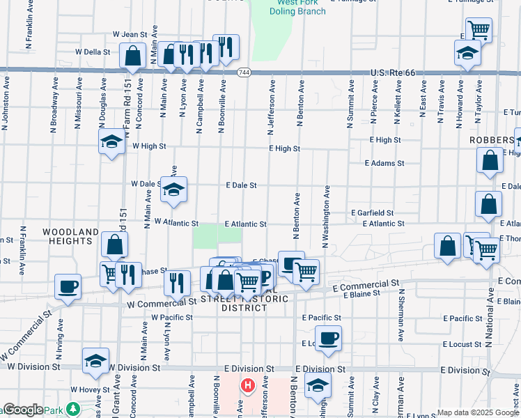 map of restaurants, bars, coffee shops, grocery stores, and more near 2043 North Jefferson Avenue in Springfield