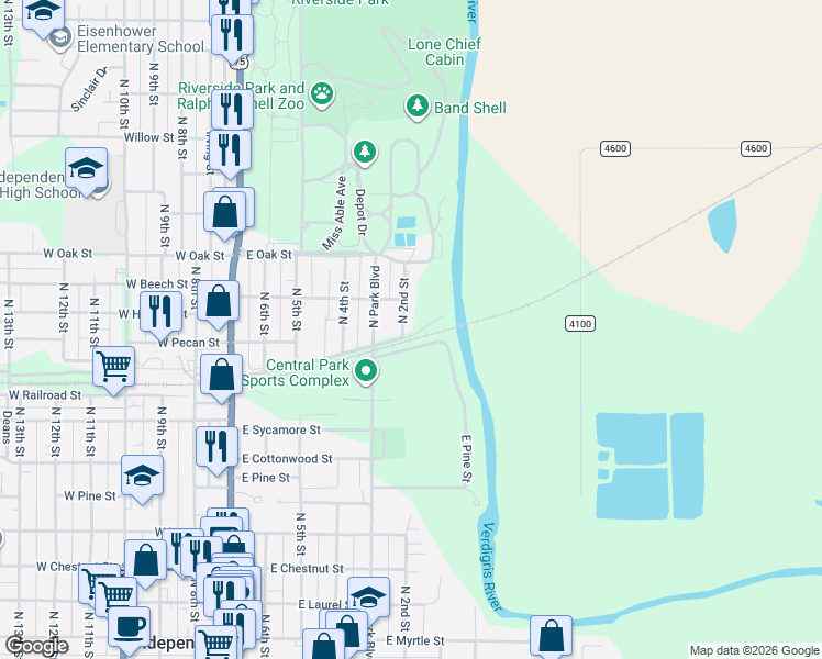 map of restaurants, bars, coffee shops, grocery stores, and more near 1013-1099 North 2nd Street in Independence