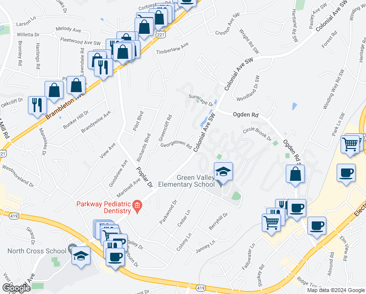 map of restaurants, bars, coffee shops, grocery stores, and more near 3469 Old Towne Road Southwest in Cave Spring
