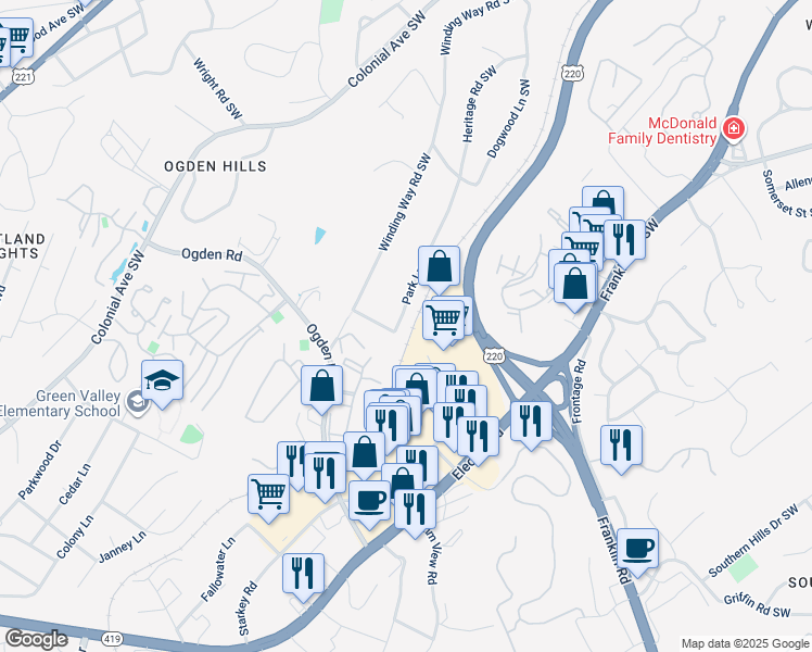 map of restaurants, bars, coffee shops, grocery stores, and more near 3972 Park Lane Southwest in Roanoke