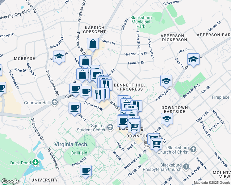 map of restaurants, bars, coffee shops, grocery stores, and more near Progress Street Northeast in Blacksburg