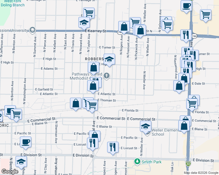 map of restaurants, bars, coffee shops, grocery stores, and more near 2041 North Prospect Avenue in Springfield