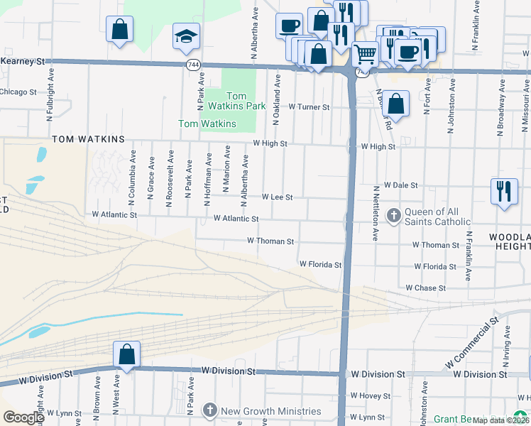map of restaurants, bars, coffee shops, grocery stores, and more near 1930 West Lee Street in Springfield