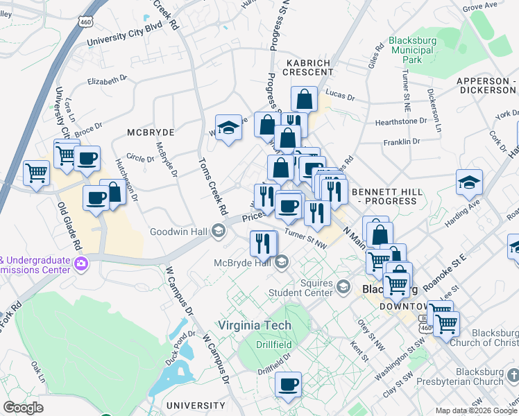 map of restaurants, bars, coffee shops, grocery stores, and more near 407 Webb Street in Blacksburg